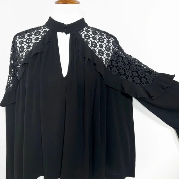 SOLD-Free People Ruffled Crochet Lace Black Draped Relaxed Long Sleeve Top - Picture 9 of 13